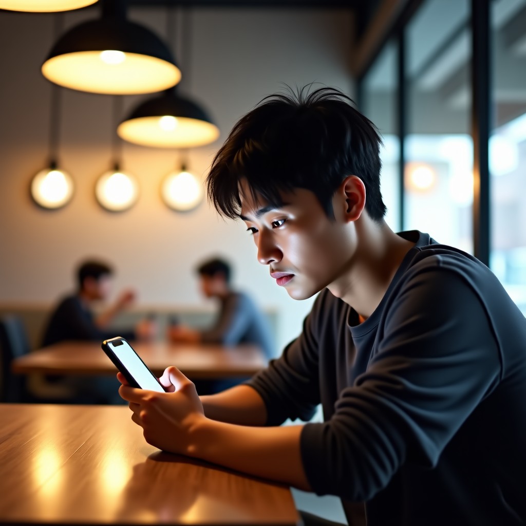 A young Korean man looking seriously at a smartphone screen while sitting in a modern brightly lit cafe. 4:3