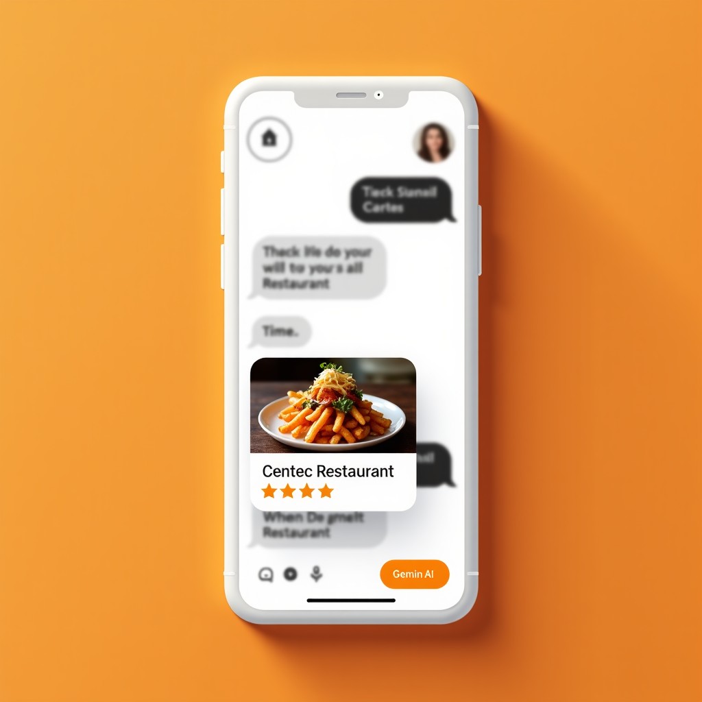 A smartphone screen showing a messaging app where Gemini AI suggests a restaurant based on the chat context. A small elegant pop-up shows a restaurant photo and rating. Clean interface, high contrast, warm colors. 1:1