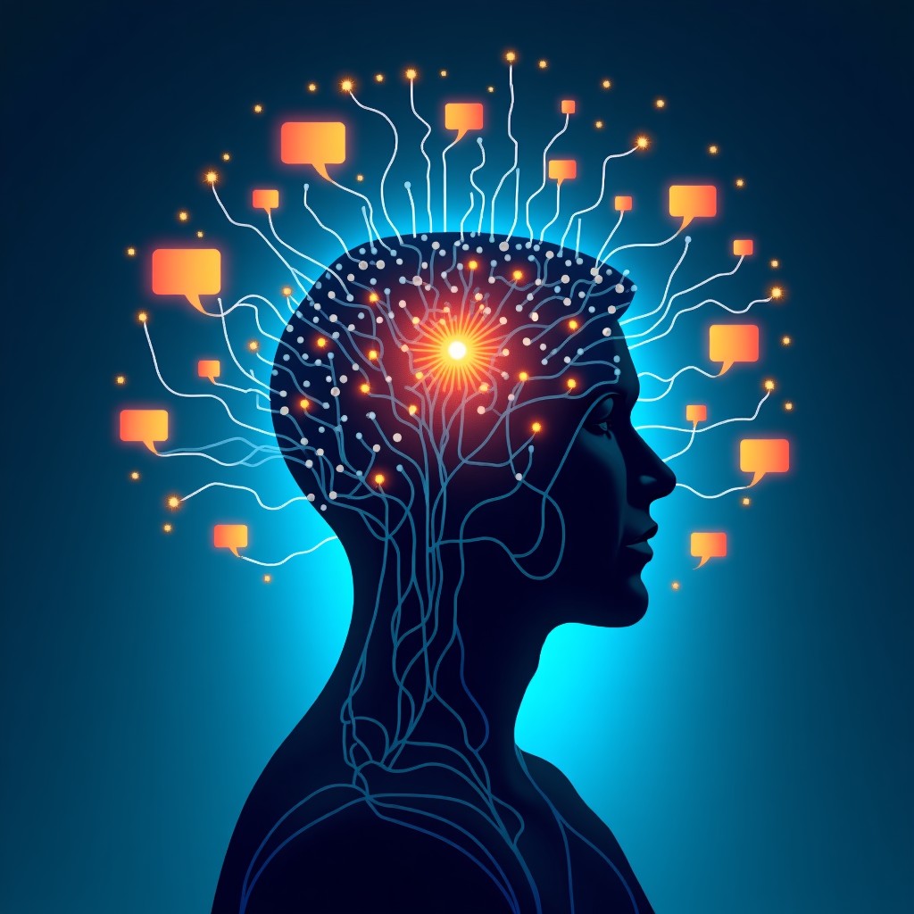 A conceptual illustration showing a human head surrounded by complex digital network wires and glowing notifications, dark background, cinematic lighting, high quality, 4:3