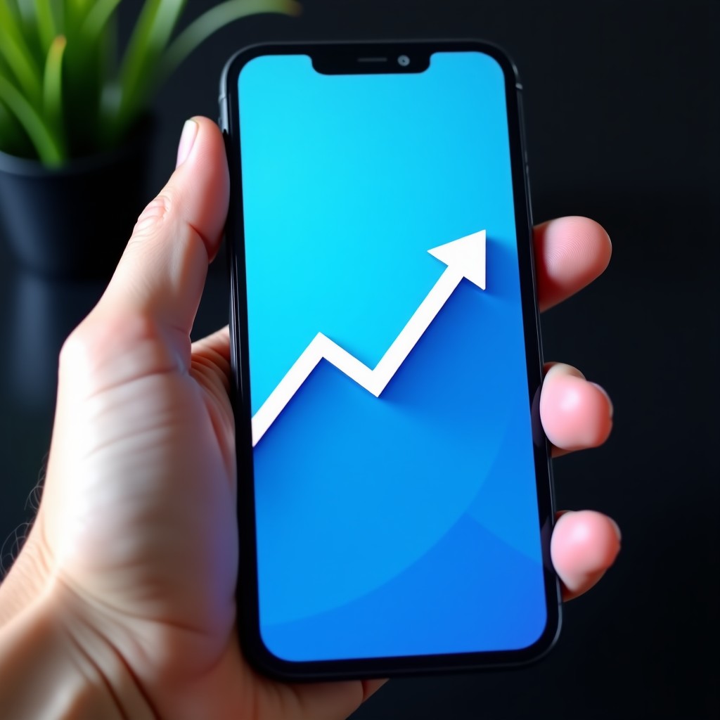 A high-angle close-up of a person's hand holding a sleek modern smartphone showing an app store interface with a sharply rising line graph. The screen is bright and clear with vibrant blue and white tones. No text or logos visible. 4:3