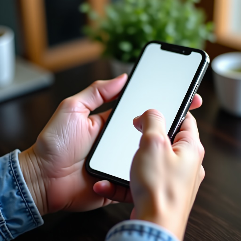 A close up of a person's hand holding a modern smartphone, scrolling through an alternative app store interface. Soft natural daylight, realistic skin texture, focus on the screen. 4:3