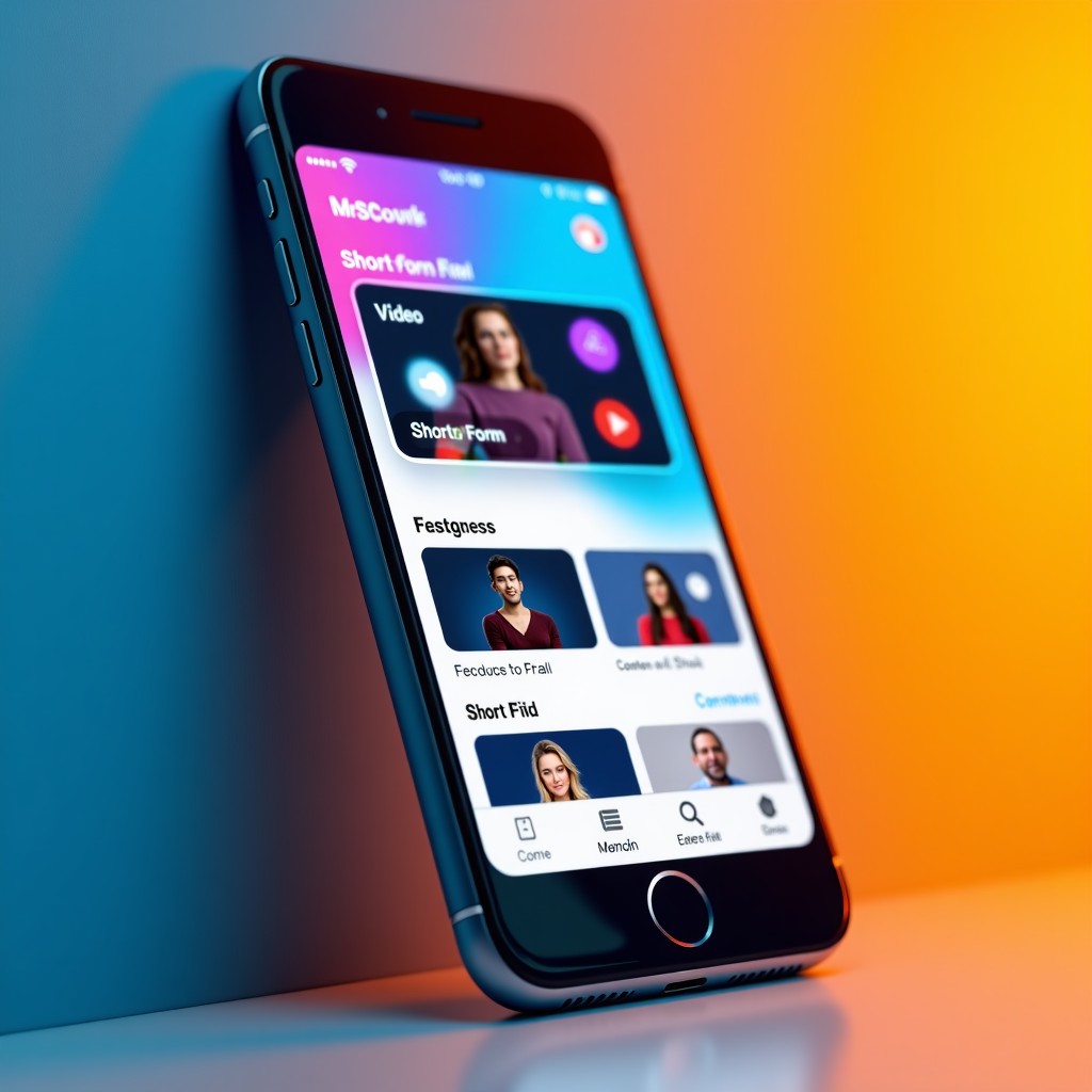 Close-up of a smartphone screen displaying a vertical short-form video feed within a mobile app store interface. Modern app design, vibrant colors, clean layout, 4:3