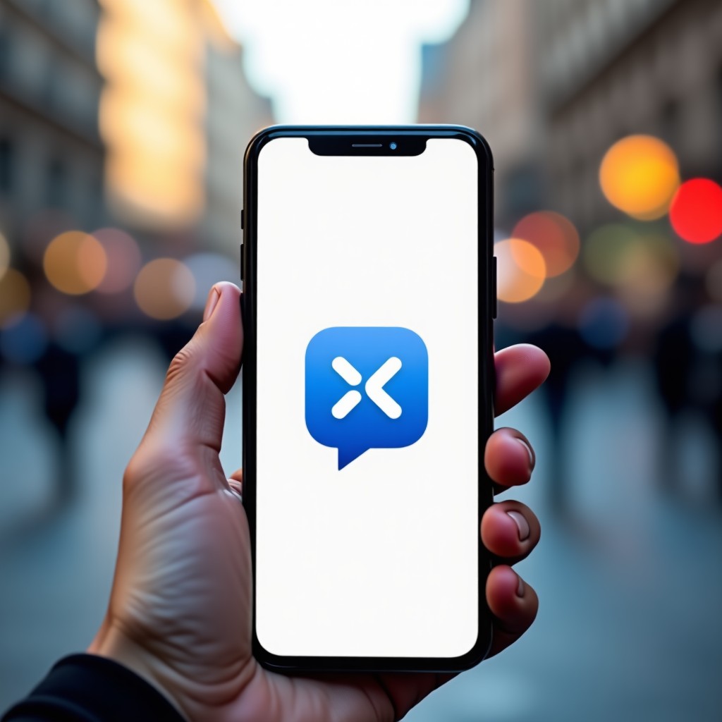 A sleek smartphone screen displaying a minimalist chat application icon with a stylized X logo, soft bokeh city background, high quality photography, 4:3