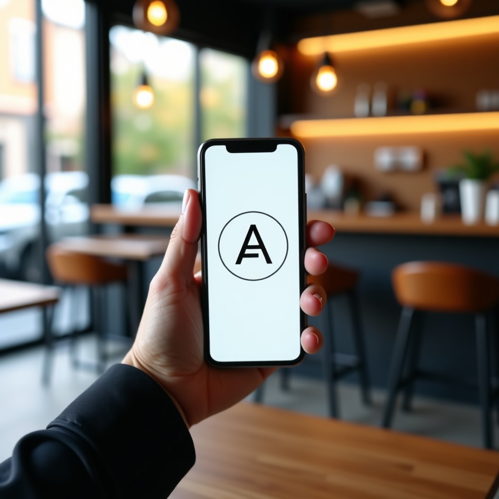 A smartphone held by a hand in a modern urban cafe setting, the screen clearly displays a minimalist and sophisticated AI application icon resembling Anthropic Claude, background is soft blurred morning light, high resolution, realistic photography, 4:3