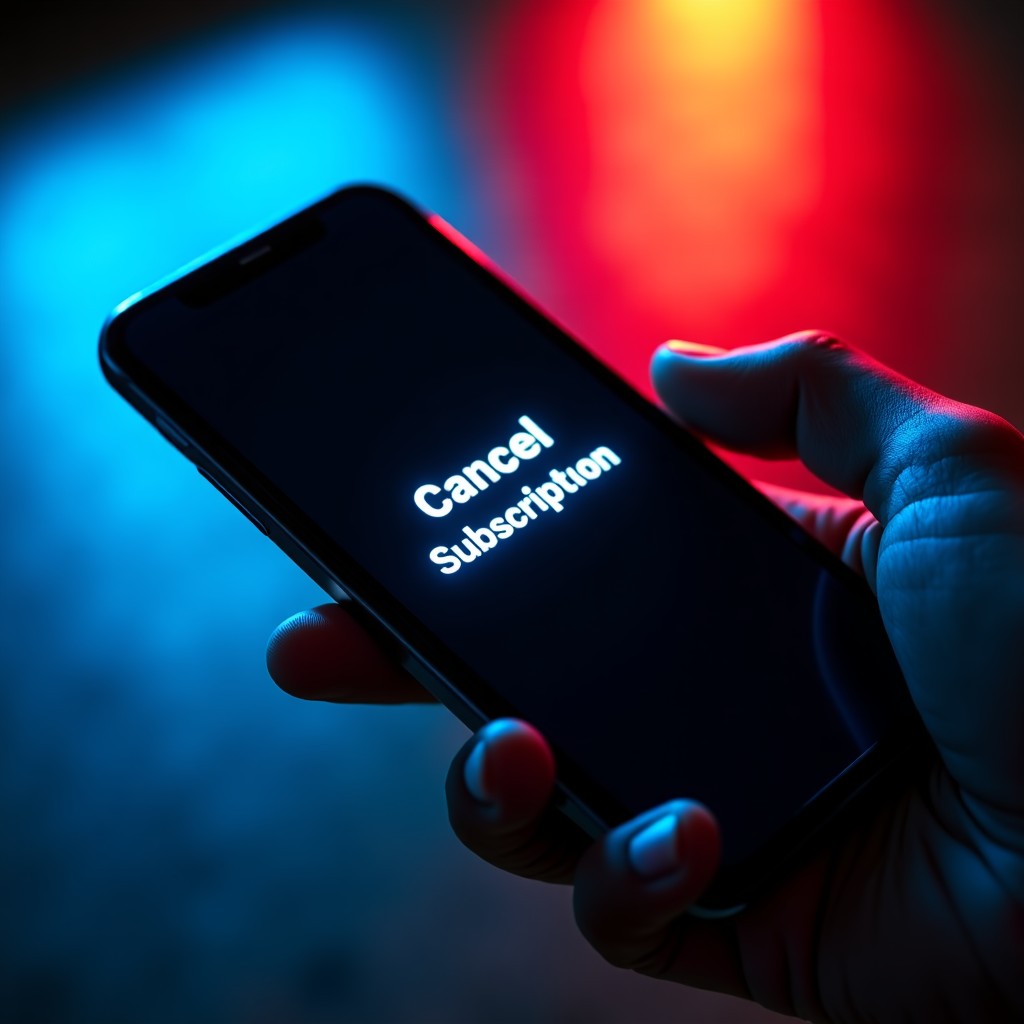 A close up shot of a hand holding a modern smartphone showing a digital cancel subscription button on a dark app interface. Dramatic cinematic lighting with a blue and red glow reflecting on the screen. High quality photography style. 4:3