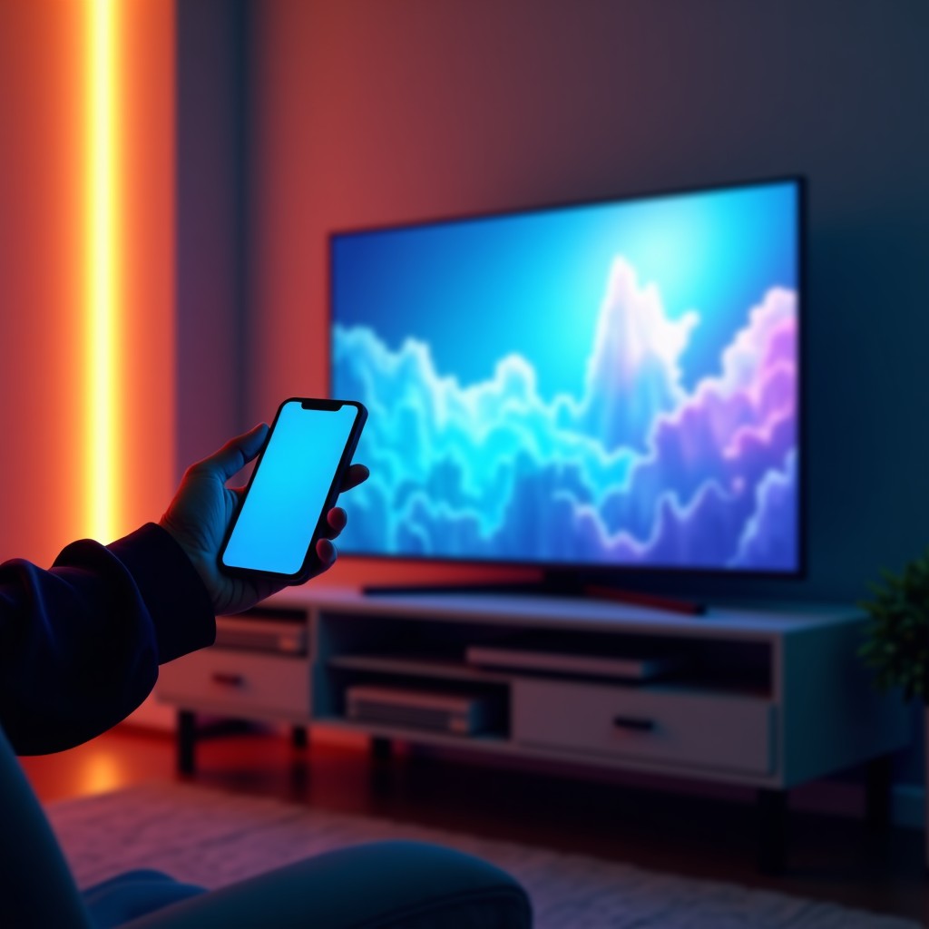 A smartphone held in hand pointing towards a television, glowing screen, professional interior design, tech-focused, high quality, 4:3