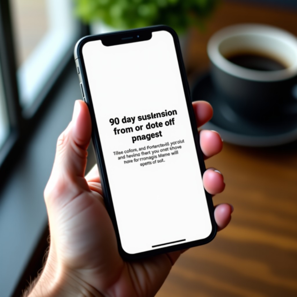 A realistic photo of a hand holding a smartphone. The screen displays a formal notification about a 90-day suspension from a revenue program. Soft natural lighting, 4:3.