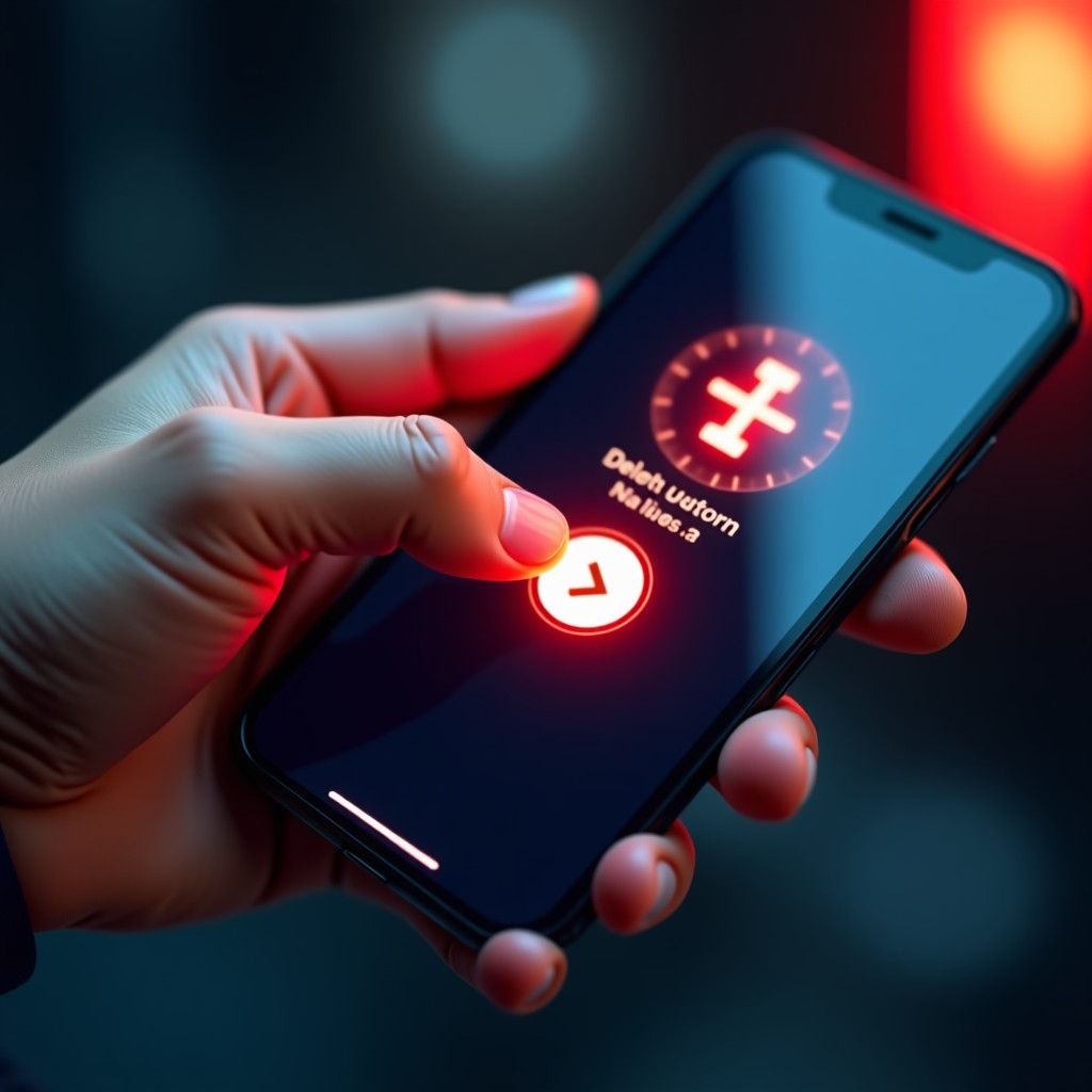 A close-up shot of a person's hand holding a modern smartphone, pressing the delete button on a minimalist AI app icon, high-tech interface background with red warning glow, photorealistic, 4:3