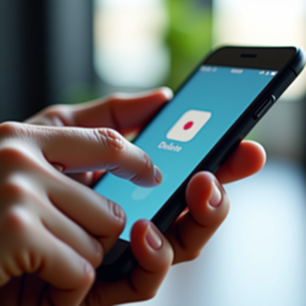 A close-up shot of a person's finger pressing the delete button on a mobile app icon on a smartphone screen. The background is slightly blurred showing a modern indoor setting with natural lighting. 4:3