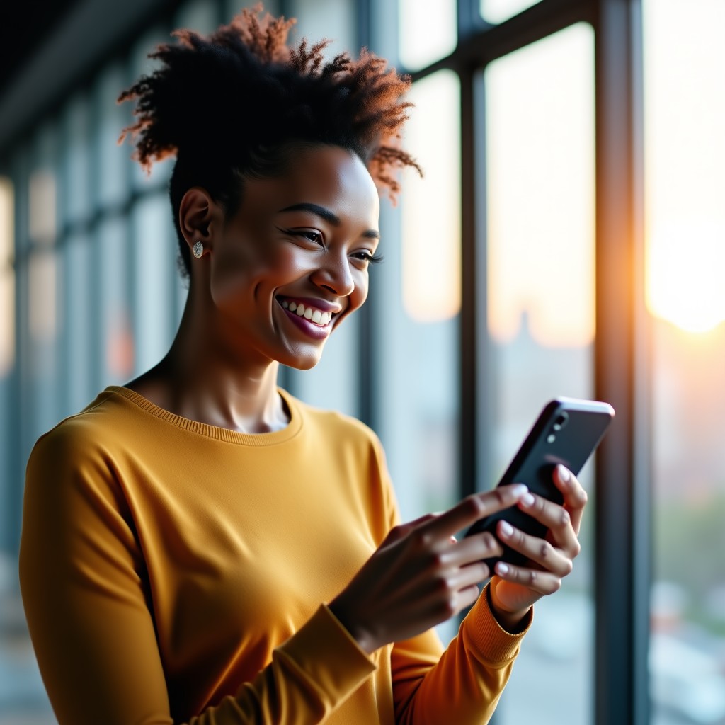 A person looking relieved while using a sleek smartphone interface showing a chat bubble. The background is a modern office with soft sunlight. No text on screen. 4:3