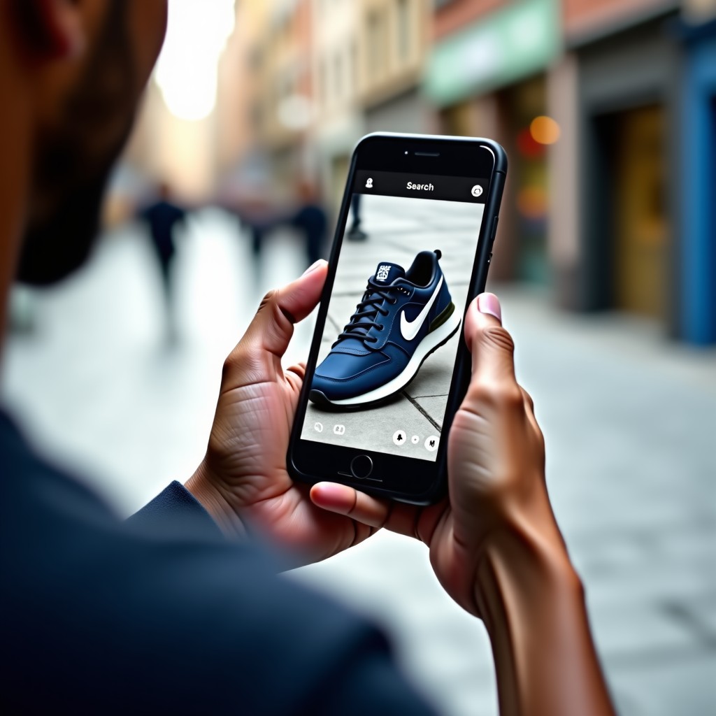 Close up of a person holding a smartphone and taking a photo of a stylish sneaker. The screen shows visual search results and price tags. Realistic lifestyle photography, bright lighting. 1:1