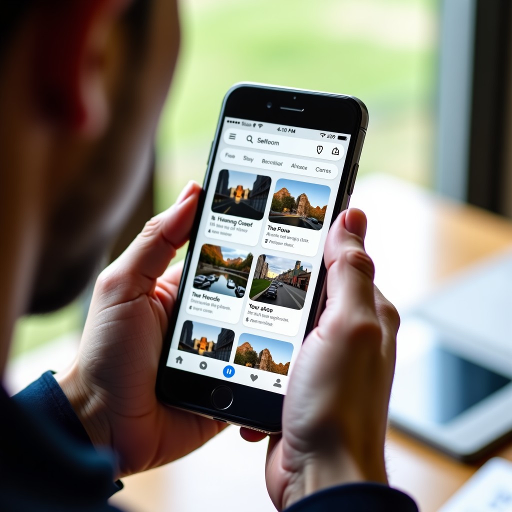 A close-up shot of a person's hands holding a smartphone, performing a reverse image search on Google. The screen displays various search results of the same image used in different contexts. Natural lighting, high quality, 4:3