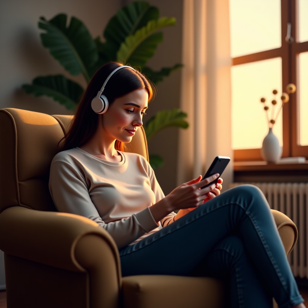 A person sitting in a comfortable armchair at home listening to an audiobook on a smartphone, soft natural lighting, cozy living room environment, photorealistic, 4:3
