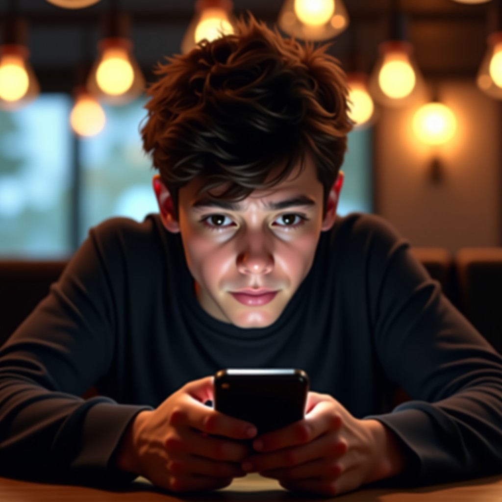 A realistic photo of a young person looking at a smartphone screen with a thoughtful and slightly weary expression in a dimly lit modern cafe, cinematic lighting, 4:3