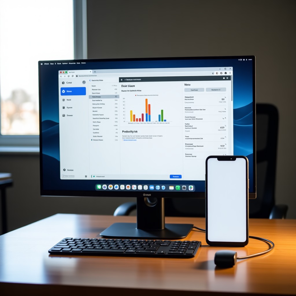A Google Pixel phone connected to a large computer monitor via a cable. The monitor displays a desktop-like OS with multiple windows and a productivity dashboard. A wireless keyboard and mouse are on the wooden desk. Professional office setting. 4:3