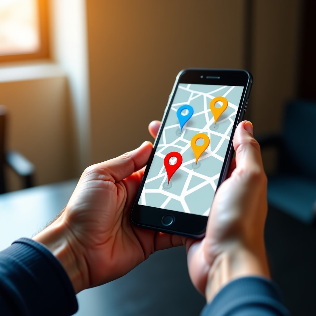 A pair of hands holding a smartphone displaying map location icons, realistic photography, warm indoor lighting, 4:3