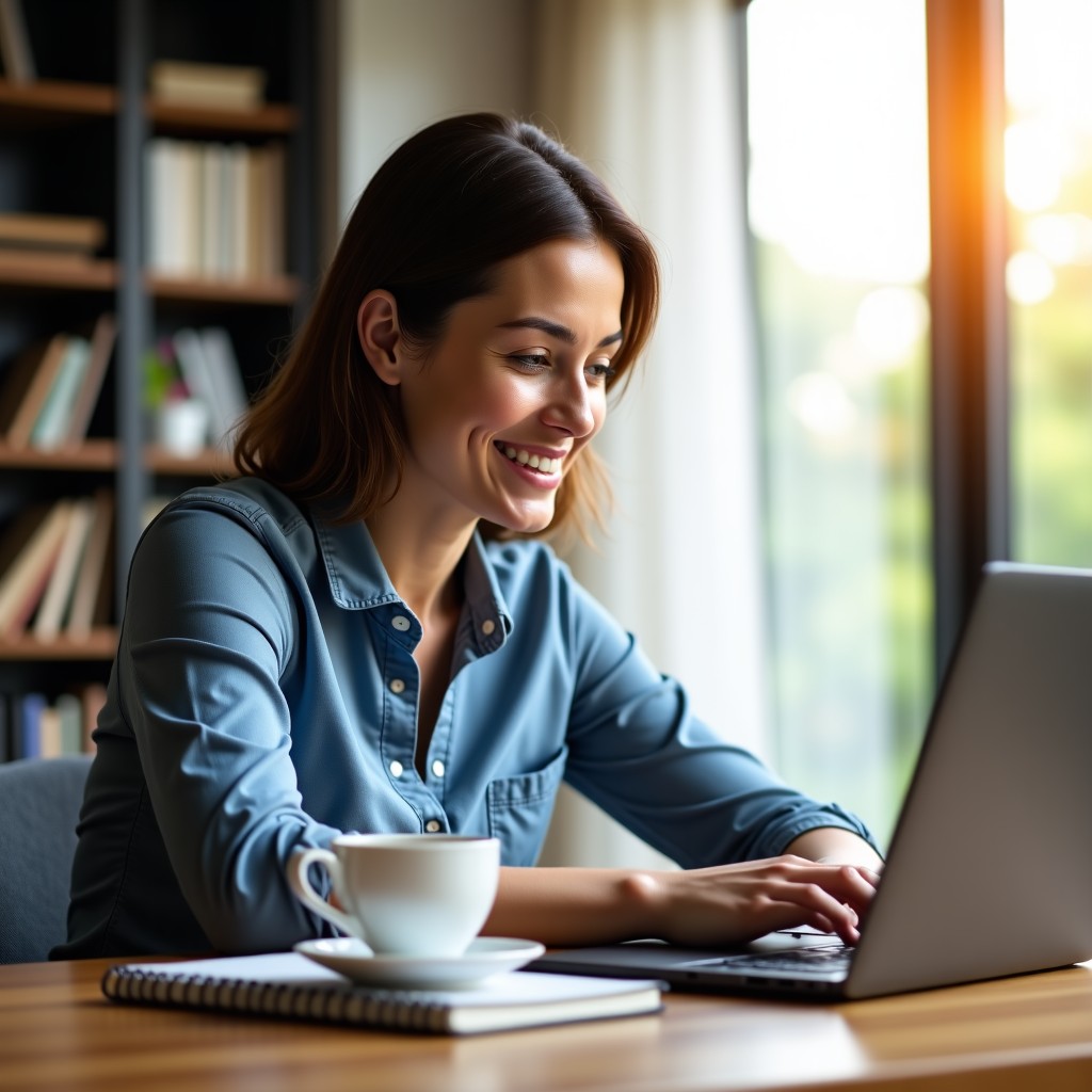 A professional person sitting in a modern, sunlit home office, looking at a laptop with a satisfied expression. Beside the laptop is a steaming cup of coffee and a neatly organized notebook. The atmosphere is calm and productive. High-quality lifestyle photography, warm lighting. 4:3