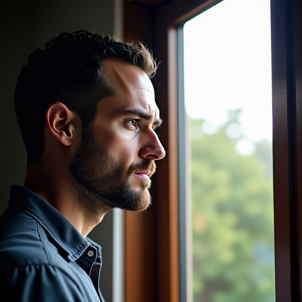 A thoughtful man looking out of a window with a clear, calm expression, natural soft lighting, high resolution, detailed composition, 4:3