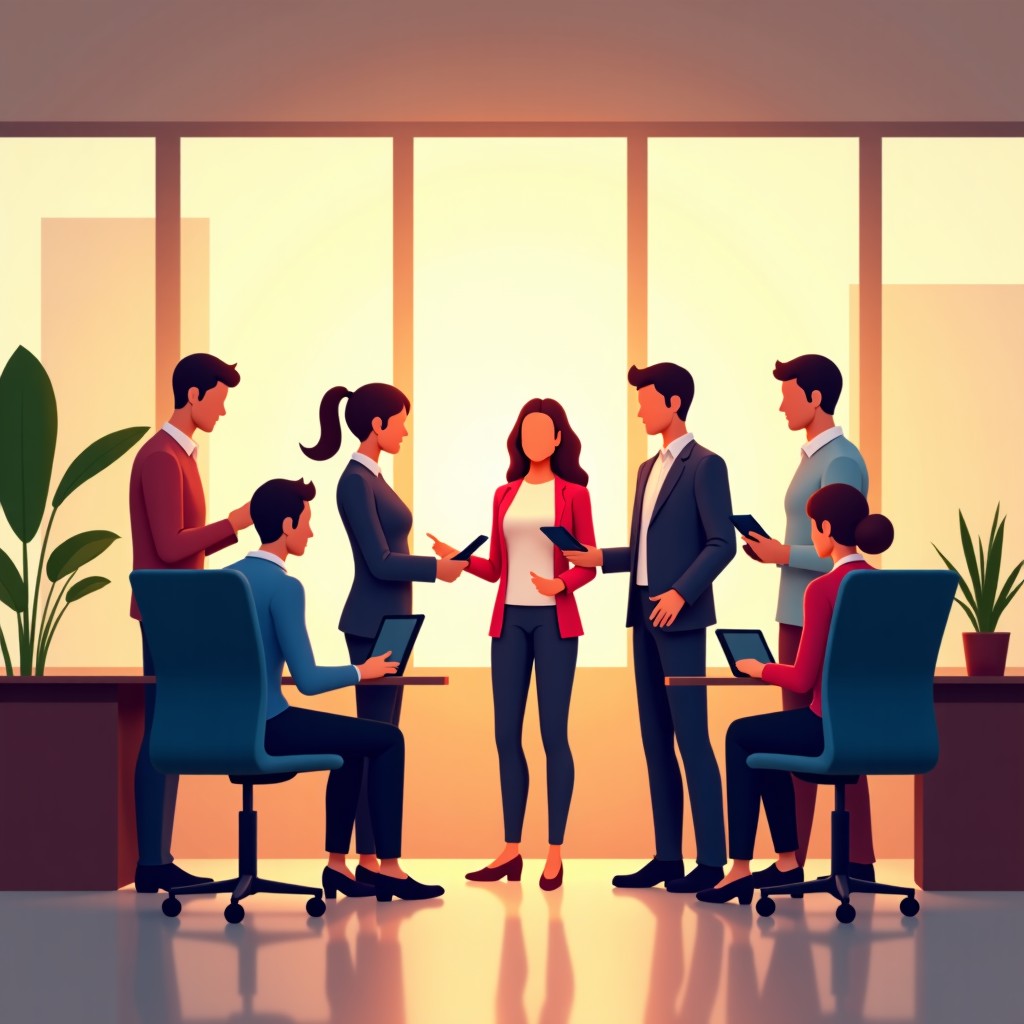 A professional and clean digital illustration of a diverse team collaborating in a modern office space, warm lighting, high quality, 4:3