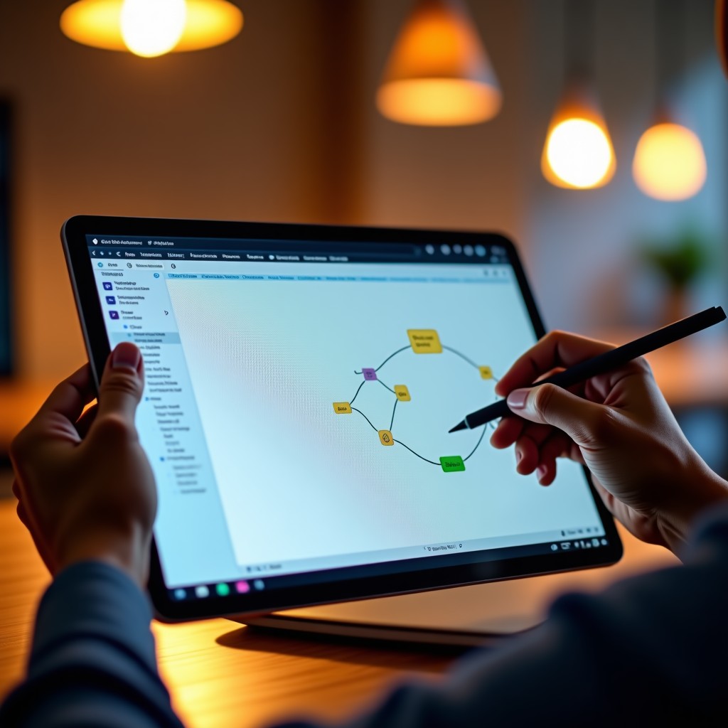 A realistic high-quality photo of a person's hands using a stylus on a large tablet displaying a colorful node-based workflow diagram. Warm indoor lighting, professional creative workspace. 4:3