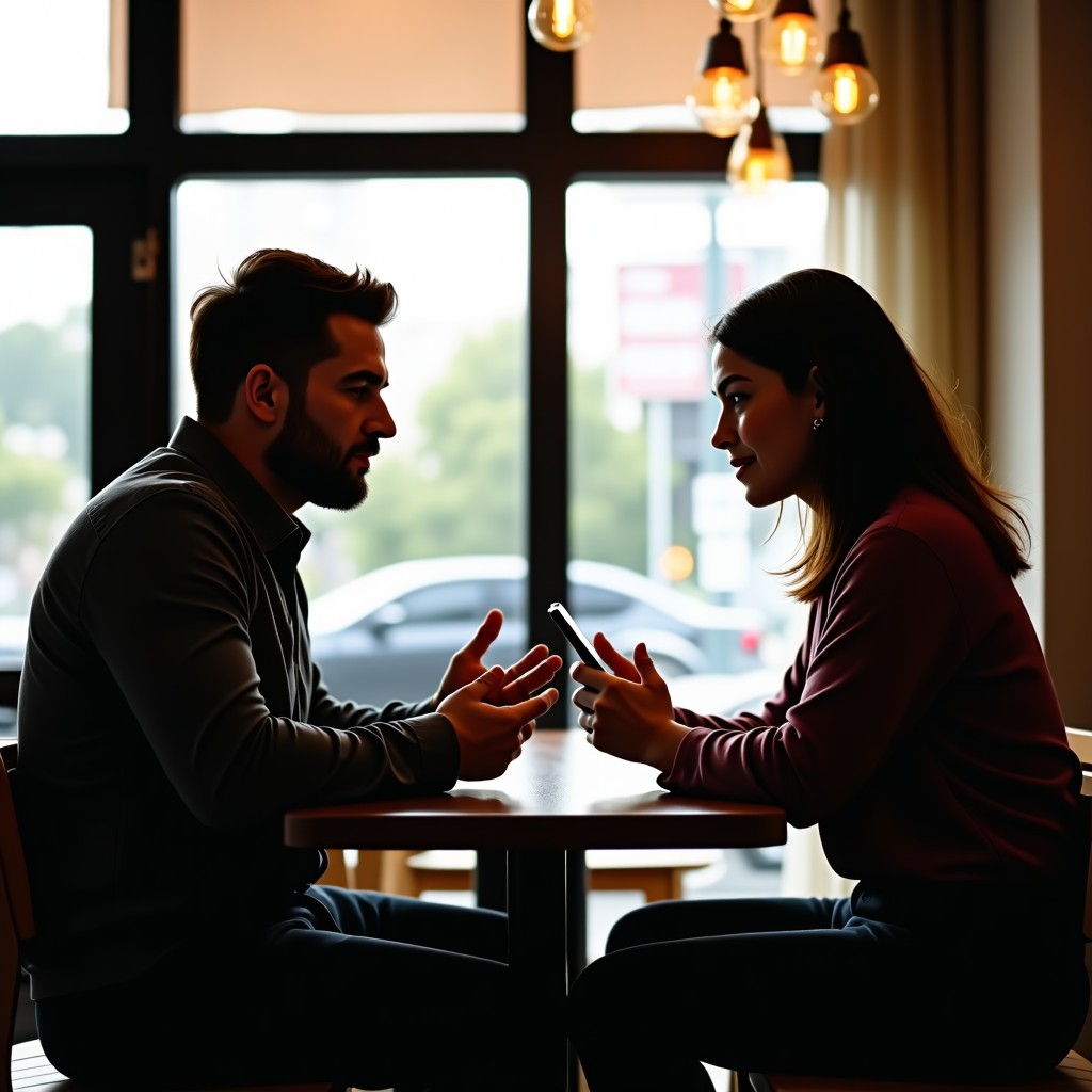 Two people sitting in a cafe having a deep conversation without phones, natural sunlight, lifestyle photography, 4:3