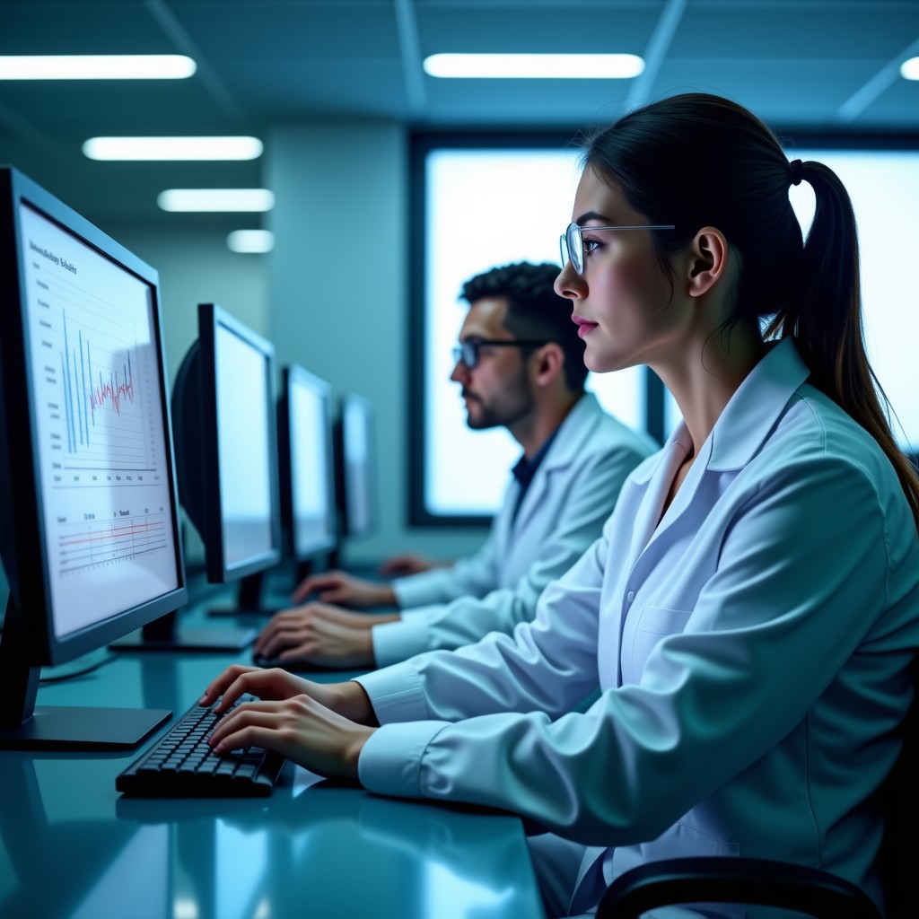 Scientists in a clean modern lab monitoring complex data on screens, performing safety trials on advanced software. Clinical and professional atmosphere, 4:3.