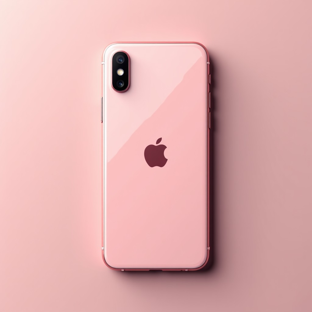 A sleek and modern smartphone in pastel pink color with a single camera lens on the back, minimalistic Apple aesthetic, high quality studio lighting, professional product photography, 4:3