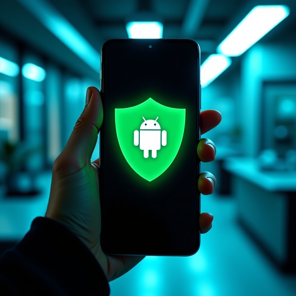 A high-tech smartphone displaying a digital shield and the Android logo in a modern, slightly dark laboratory setting. Blue and green ambient lighting, realistic textures, cinematic composition. 4:3