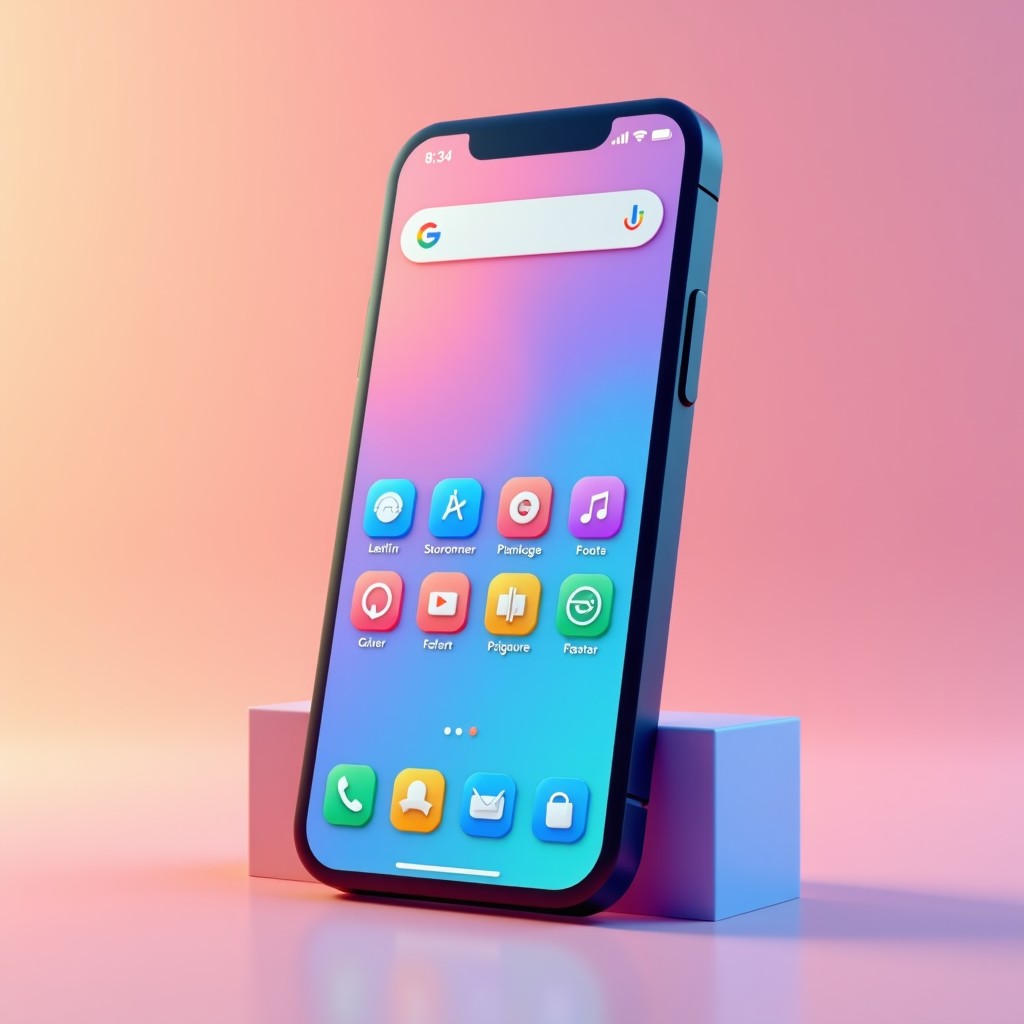 A modern digital representation of an Android smartphone screen with multiple app store icons and colorful interface elements, 3d render, high quality, 4:3