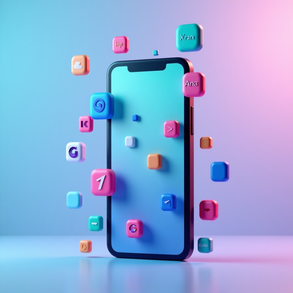 A high-quality 3D render of various mobile operating system logos floating around a modern smartphone. The background is a soft blue and purple gradient. The lighting is bright and professional. No text on screens. 4:3