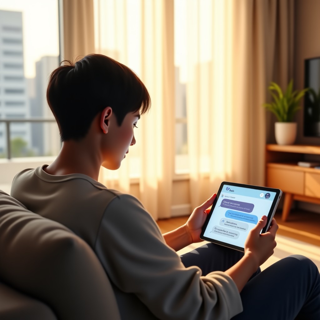 A Korean person sitting on a comfortable sofa in a brightly lit modern living room using a tablet showing a friendly AI chat interface with a warm and peaceful vibe. 4:3