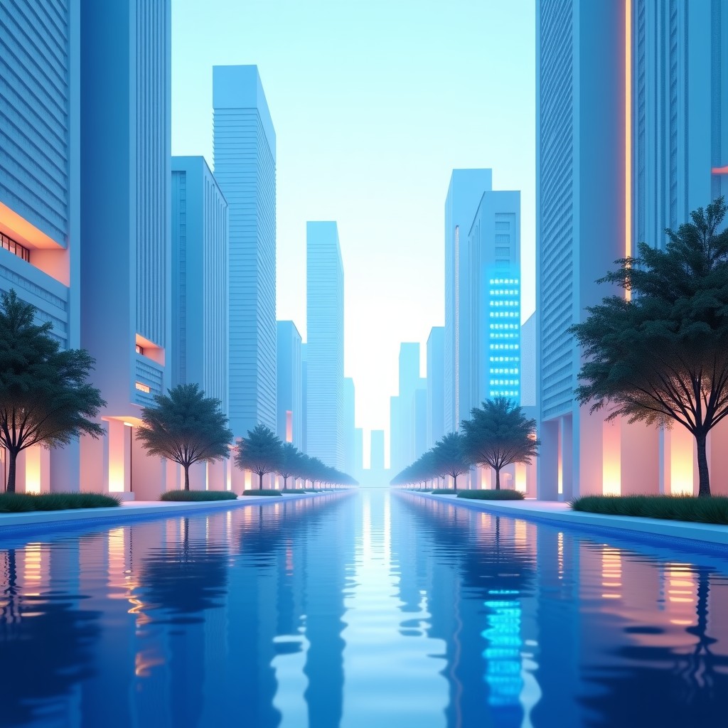 A vibrant futuristic city with clean architecture and transparent digital overlays showing safe connectivity and ethical AI data streams, optimistic atmosphere, soft blue and white tones, 4:3