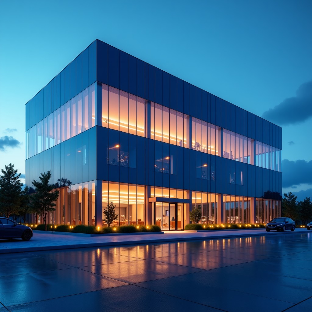 A cinematic high-resolution photograph of a futuristic corporate headquarters building with glass walls at night, soft blue and golden ambient lighting, professional architectural photography style, 4:3