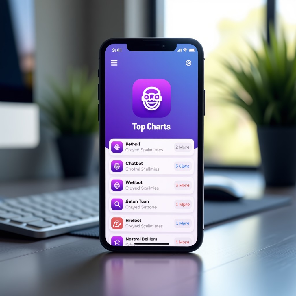 A modern smartphone screen showing a top charts list of mobile applications in a sleek app store interface. A prominent purple-themed AI chatbot icon is at the very top labeled as number one. The background is a clean high-tech office desk with soft natural lighting. 4:3