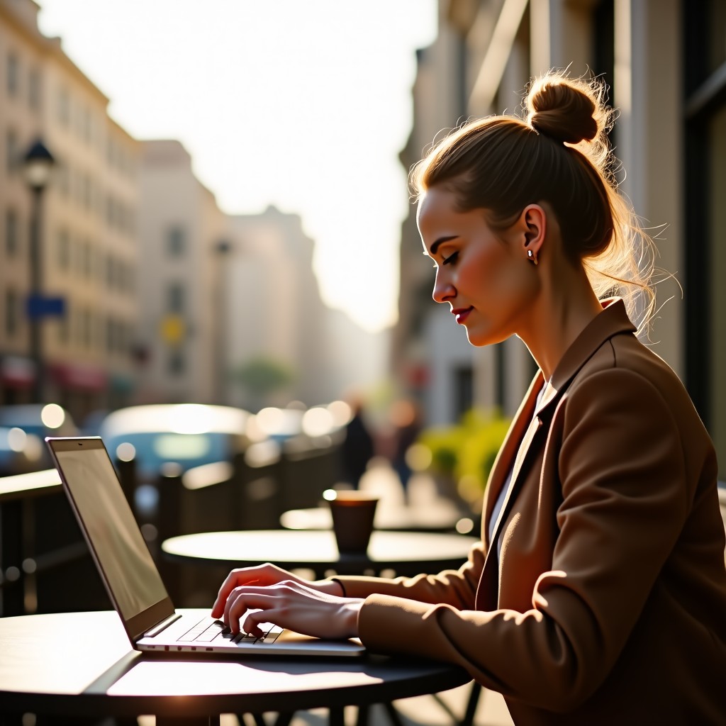 A professional person sitting at an outdoor cafe terrace working on a slim modern laptop. Sunny day, blurry city background, natural lifestyle photography, warm tones, 4:3