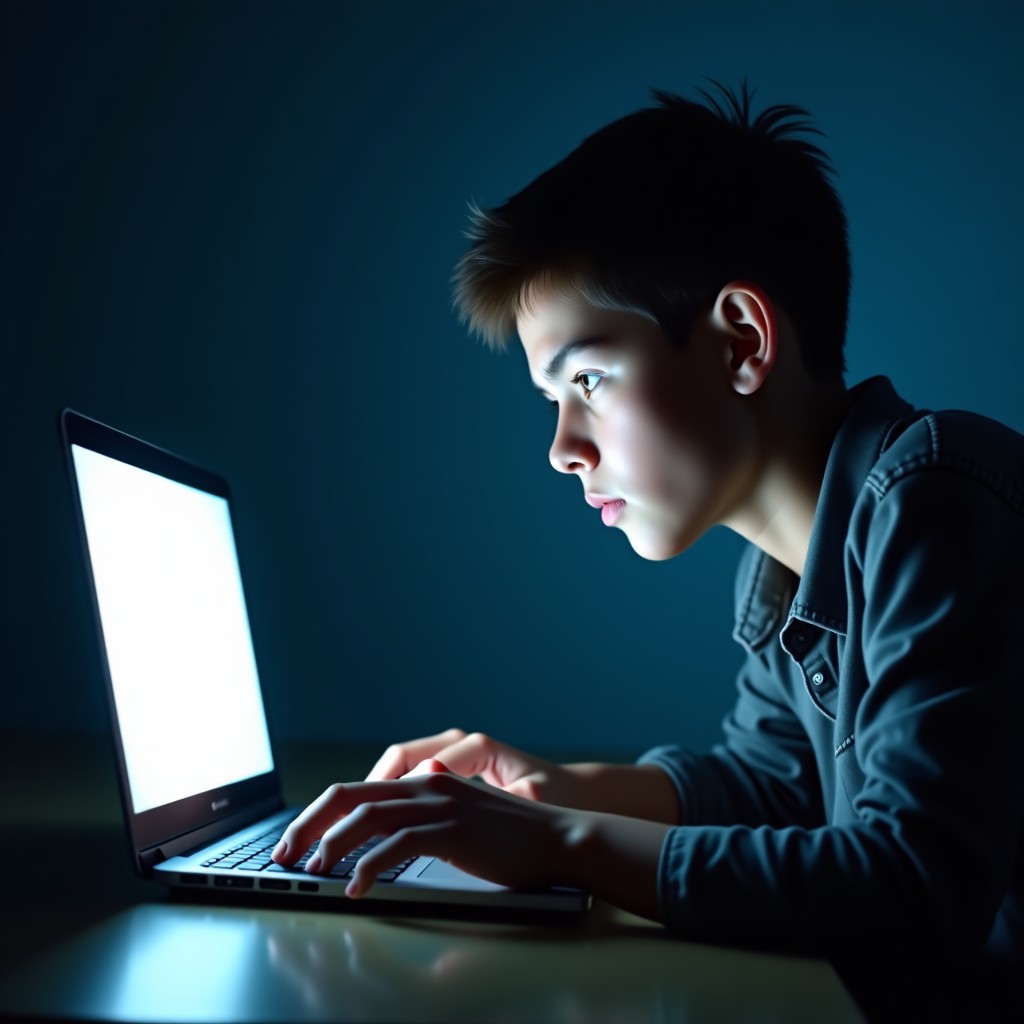 A young adult looking at a laptop screen in a dimly lit room, the glow of the screen illuminating their determined face as they click a mouse. Highly detailed realistic composition. 4:3