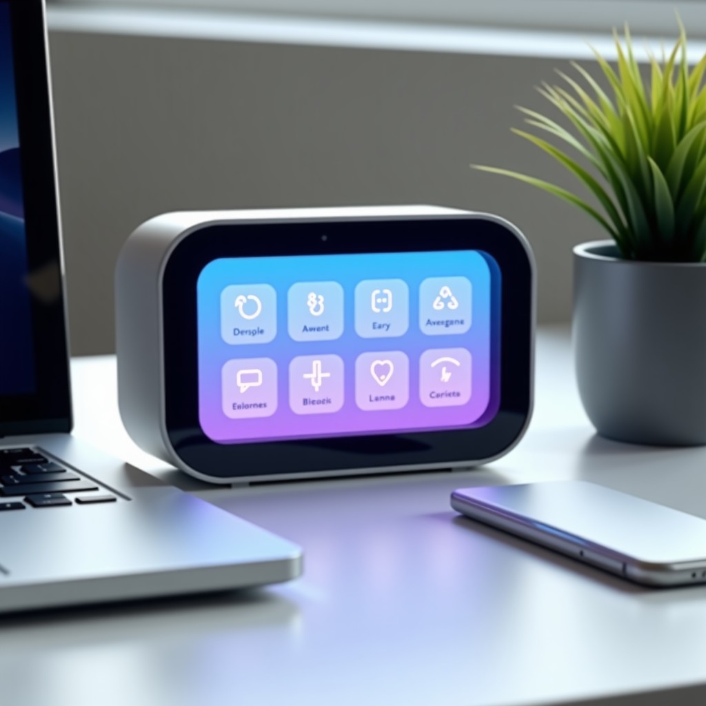 A sleek desktop device resembling a modern alarm clock with a large vibrant screen. It shows a balanced daily schedule with icons for tasks and breaks. Next to a laptop on a clean white desk. 4:3