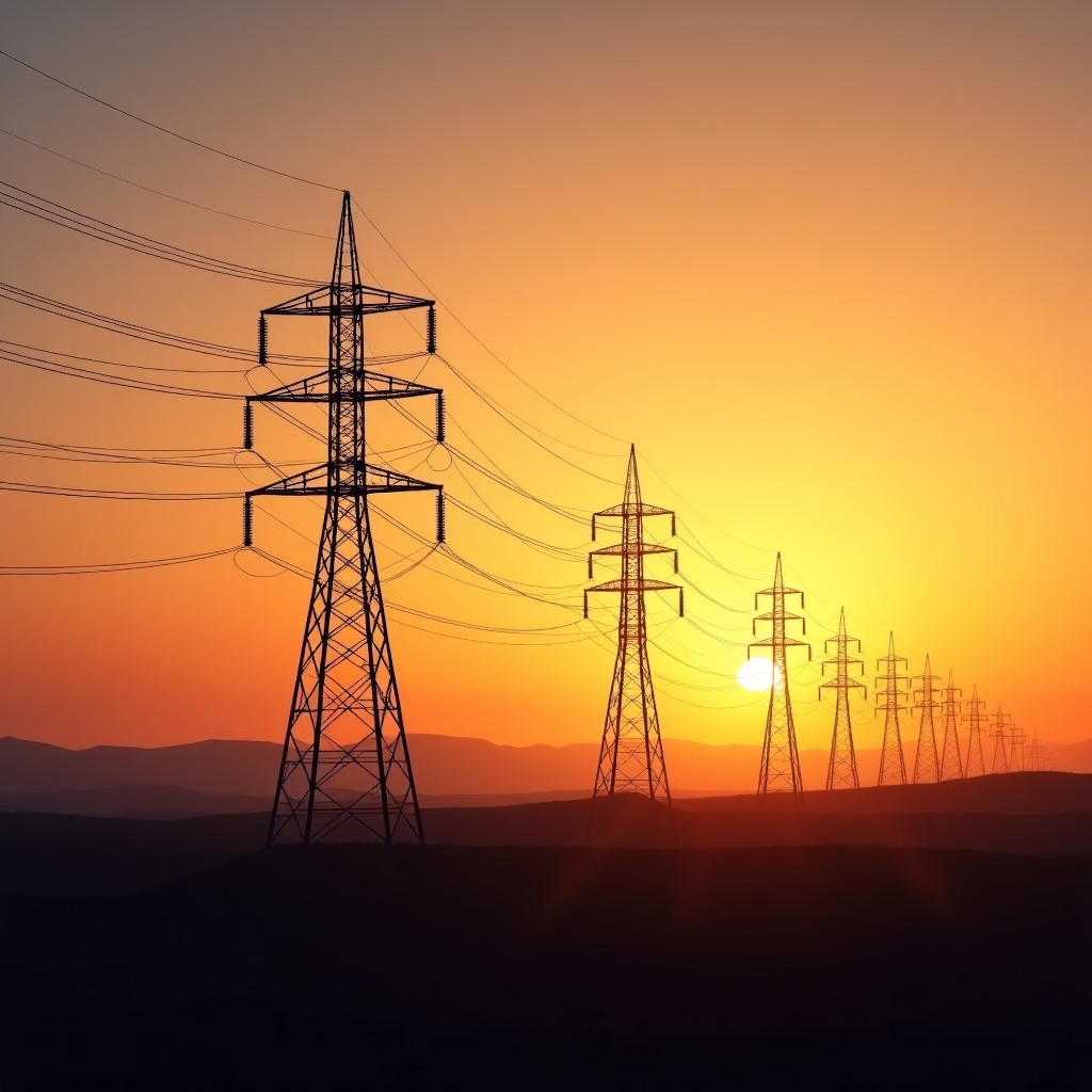 A wide cinematic shot of massive energy transmission towers and power grids stretching across a landscape during a clear sunrise. Professional photography high contrast 4:3