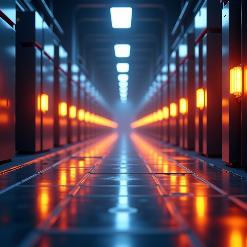 High-tech semiconductor factory floor with warm ambient lighting, realistic, 4:3