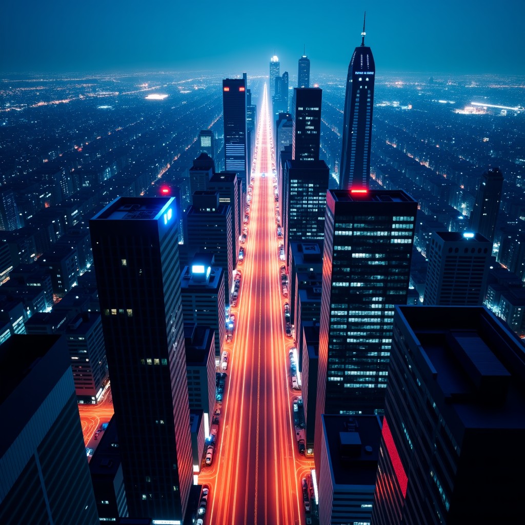 A bird eye view of a smart city at night with light trails representing data flow and connectivity between buildings. The image conveys a sense of speed, reliability, and integrated technology. High contrast with vibrant city lights. 4:3