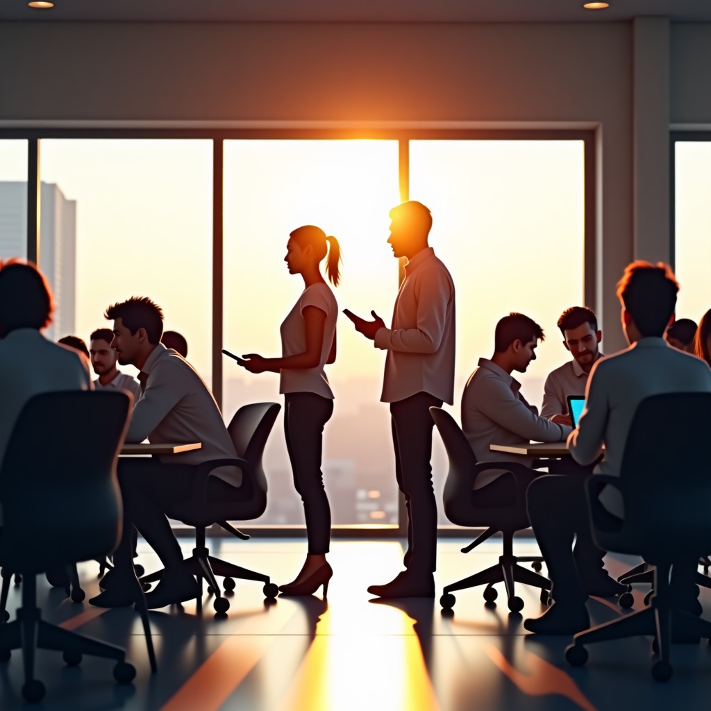 Young creative entrepreneurs in a modern startup office environment, high tech vibes, natural lighting, 4:3