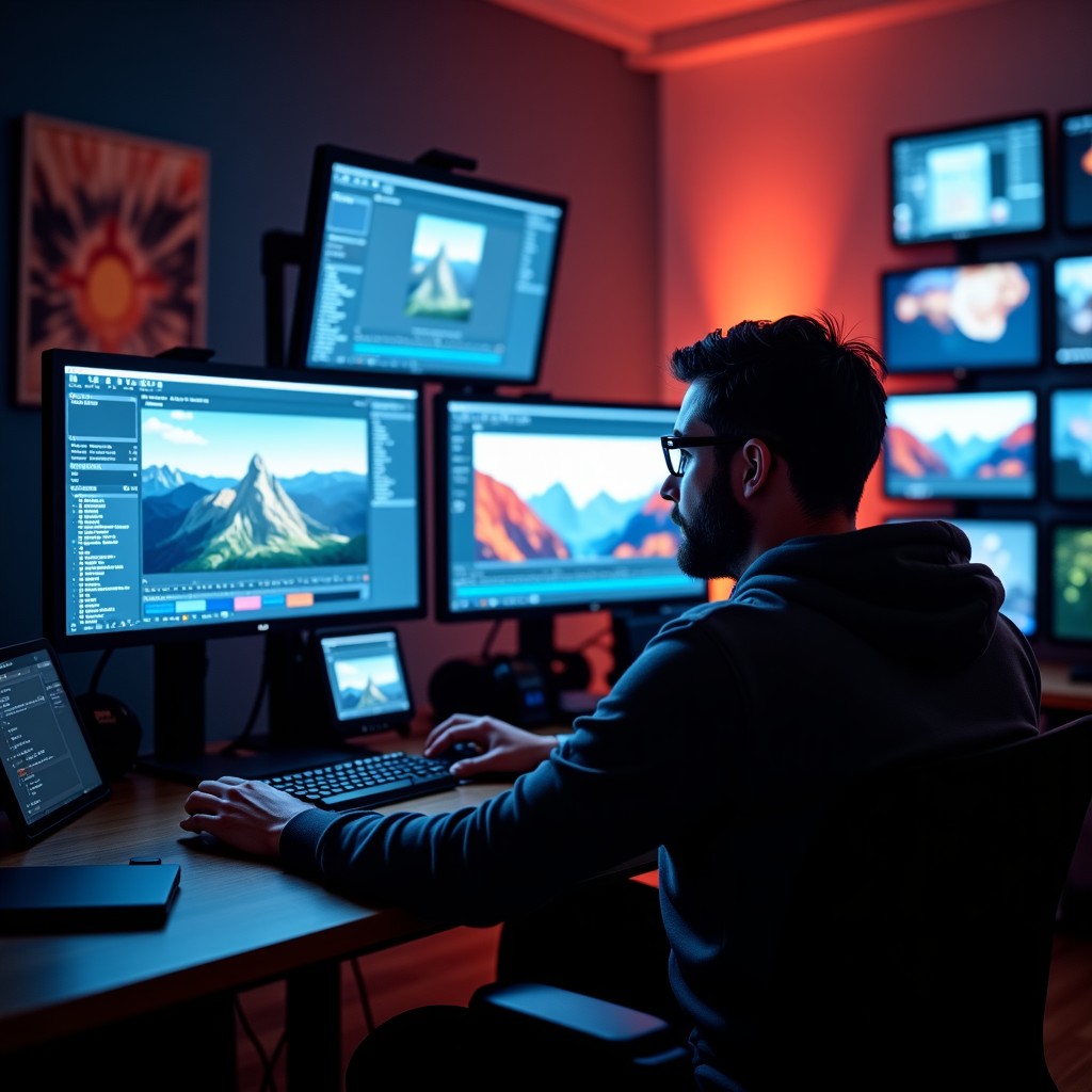 Film production team analyzing raw footage on high-tech computers, professional workspace, cinematic atmosphere, 4:3 aspect ratio.