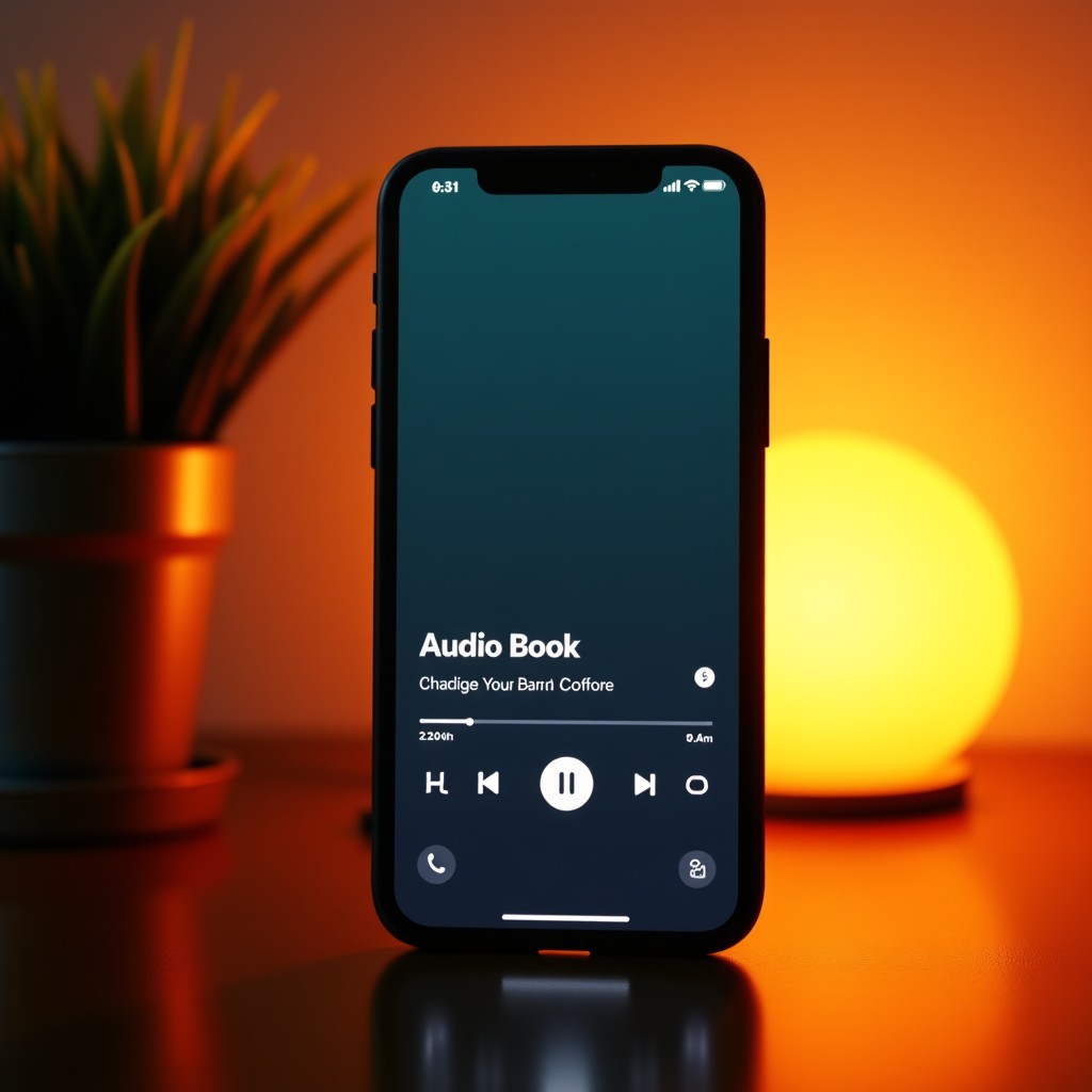 A sleek smartphone screen showing a minimalist audiobook player interface with a warm ambient background, clean typography, high quality, realistic photography, 4:3