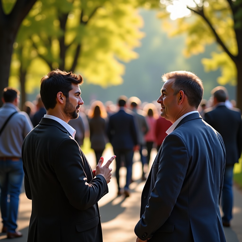 People interacting in a real world park setting, natural sunlight, depth of field, authentic emotions, realistic photography, 4:3