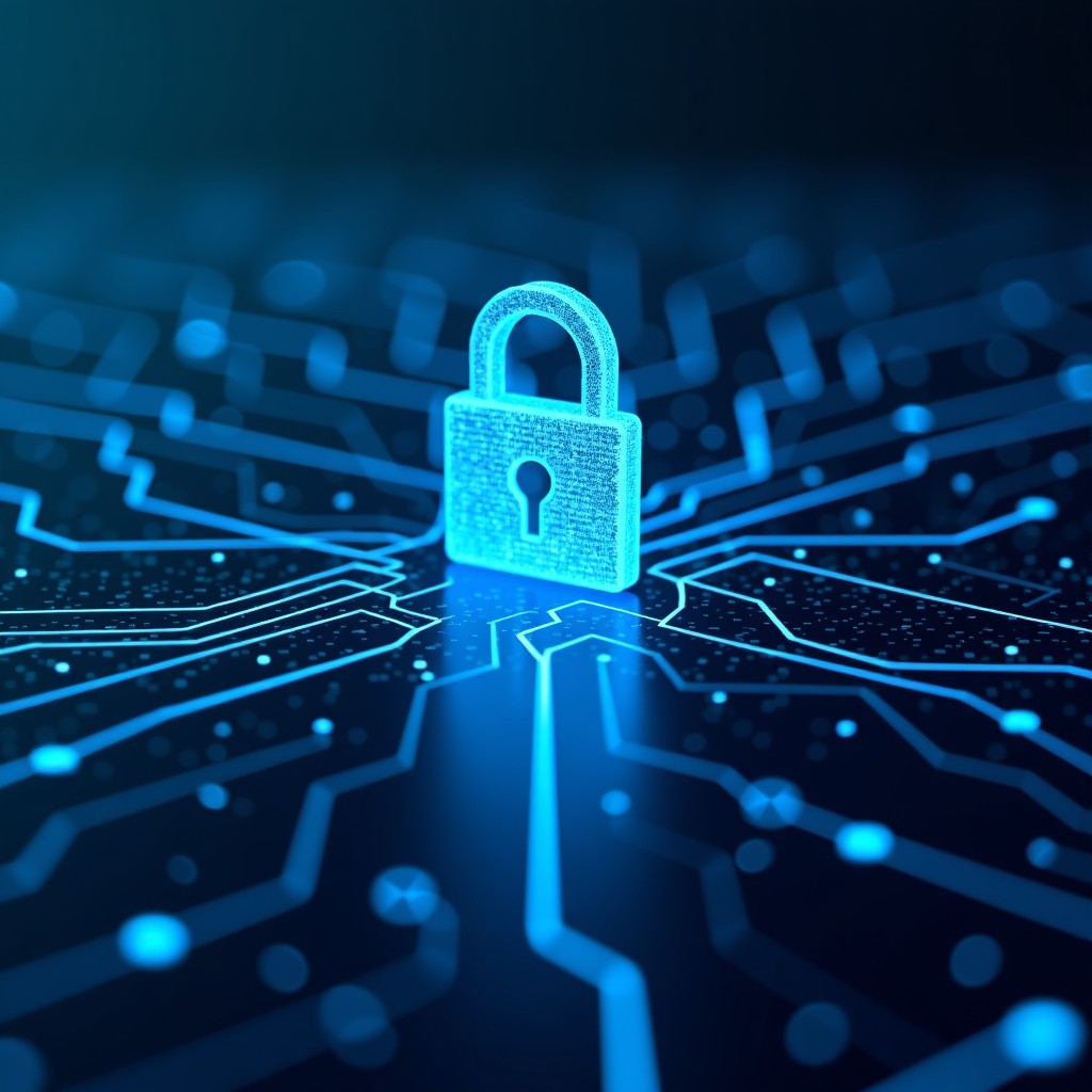 Conceptual representation of software code integrating with security systems, professional technology studio style, bright clean aesthetic, 4:3