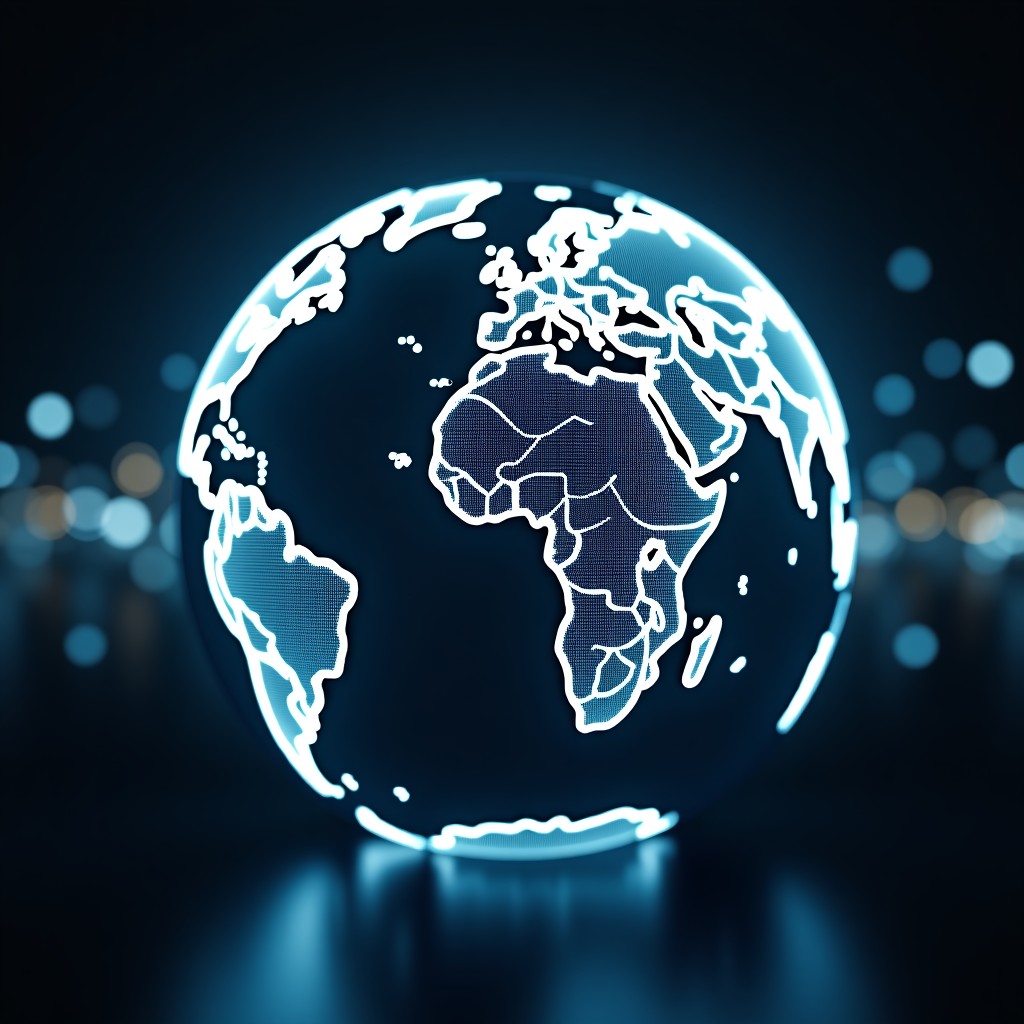 A futuristic digital globe with glowing connection lines representing global communication, high contrast, cinematic lighting, 4:3 aspect ratio.