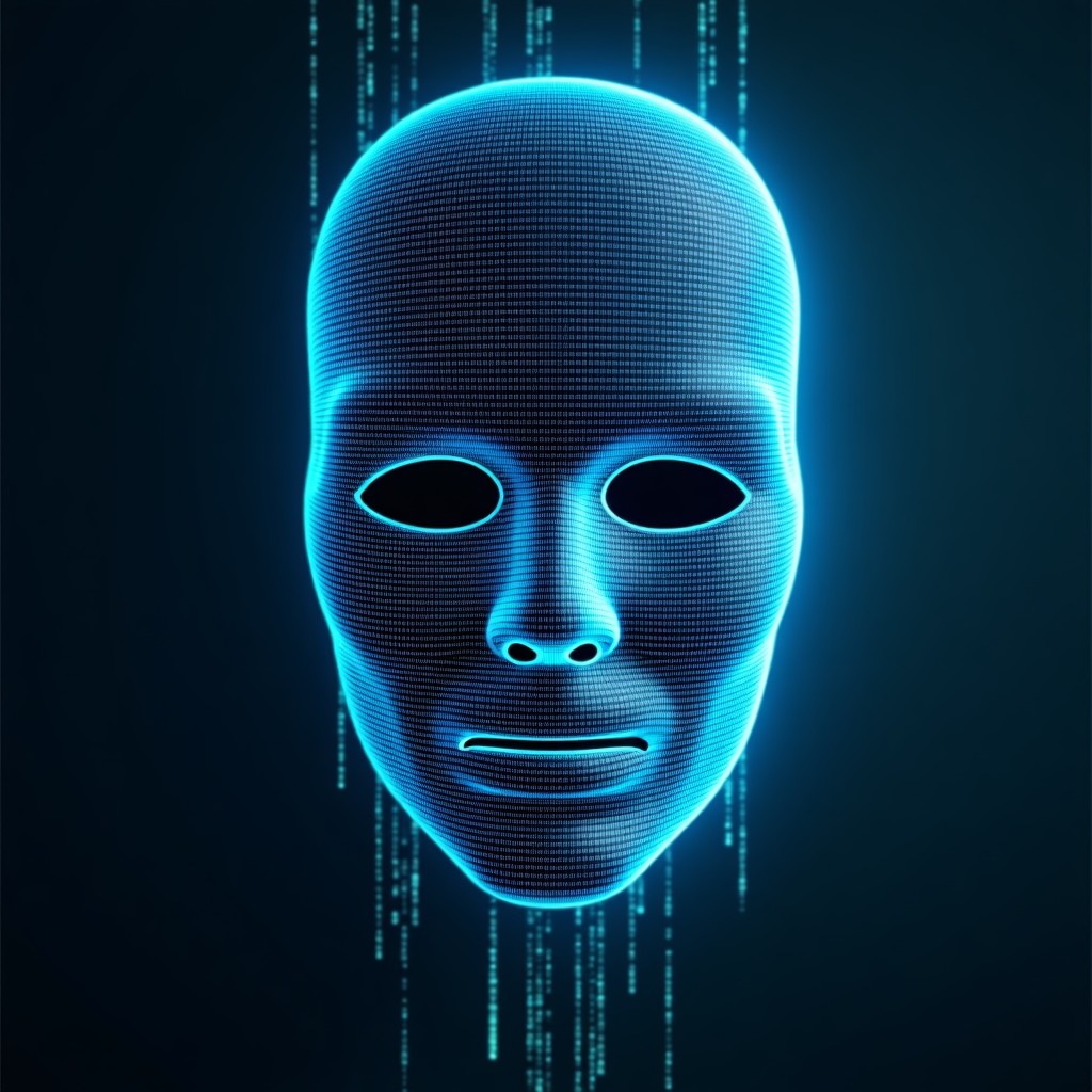 A conceptual visualization of a digital mask slowly dissolving into binary code and data streams, high-tech cybersecurity atmosphere, 4:3