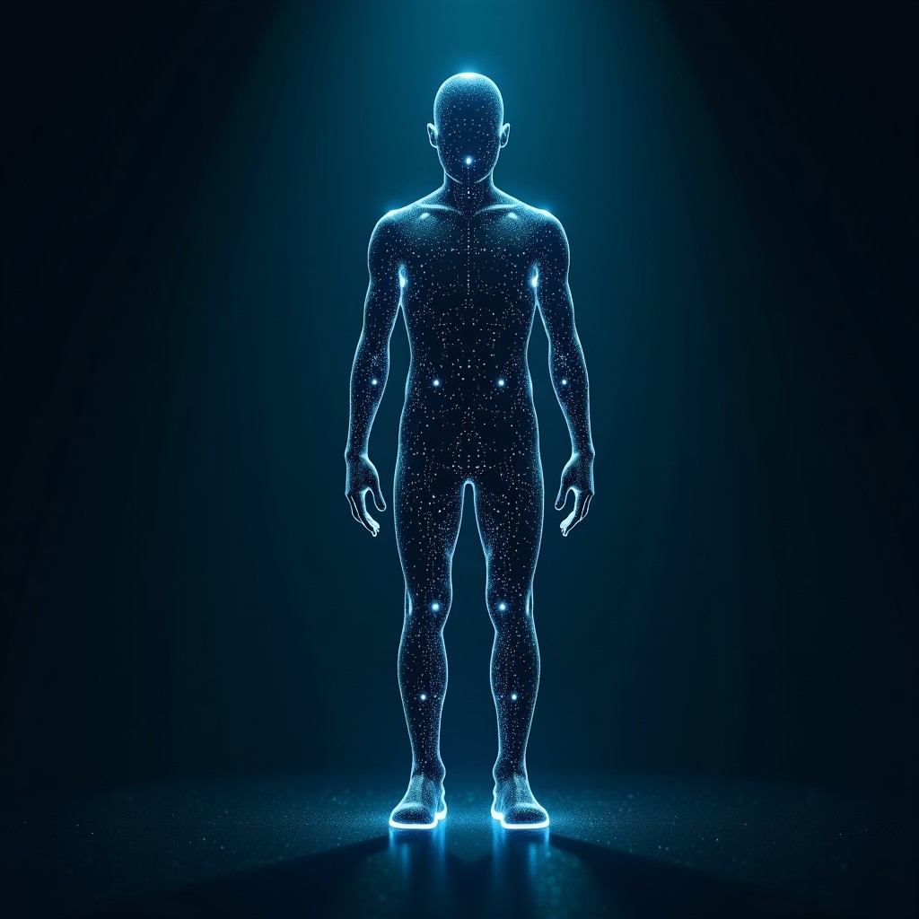 A dark conceptual representation of digital privacy, showing glowing data points and network connections forming a human silhouette, high-tech aesthetic, digital art, cinematic lighting, 4:3