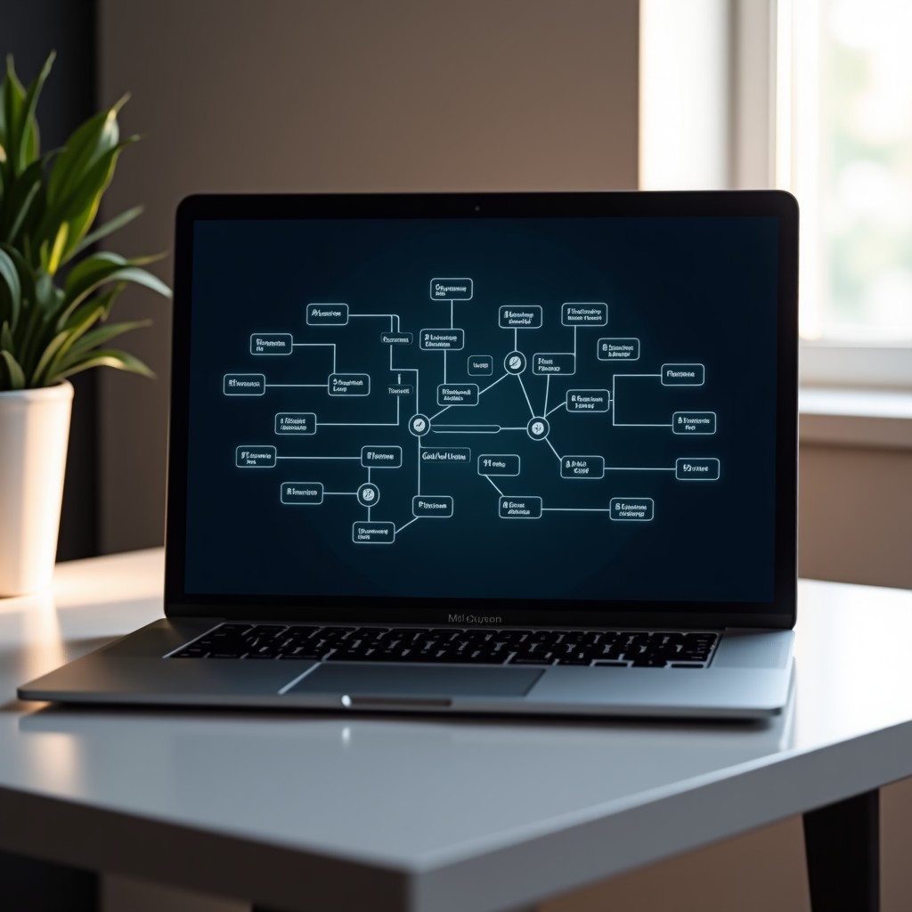 A sleek laptop displaying a complex network of connected digital notes in a dark-themed application, soft desk lighting, minimalist room background, high resolution, 4:3