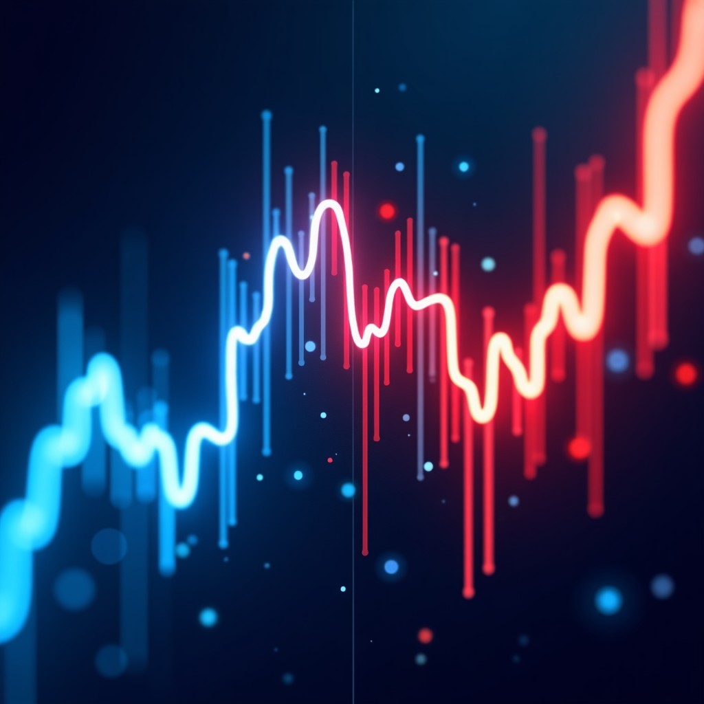 A dramatic digital representation of a stock market chart showing a sharp downward trend, high contrast with blue and red neon lights, abstract financial volatility, 4:3